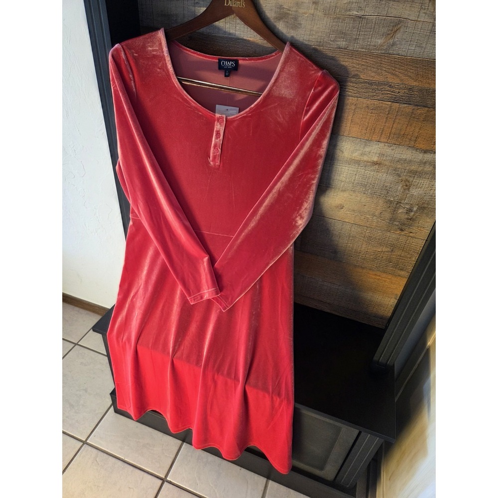 Chaps red velvet V-neck long sleeve button front A-line knee dress large